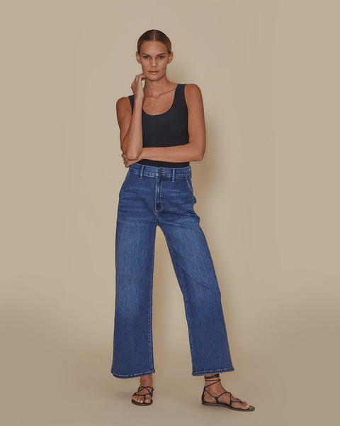 Women's Denim Super High Waist Side Split Wide Leg Pants and V Neck Crop  Top With Traditional Thai Hill Tribe Trim -  Canada
